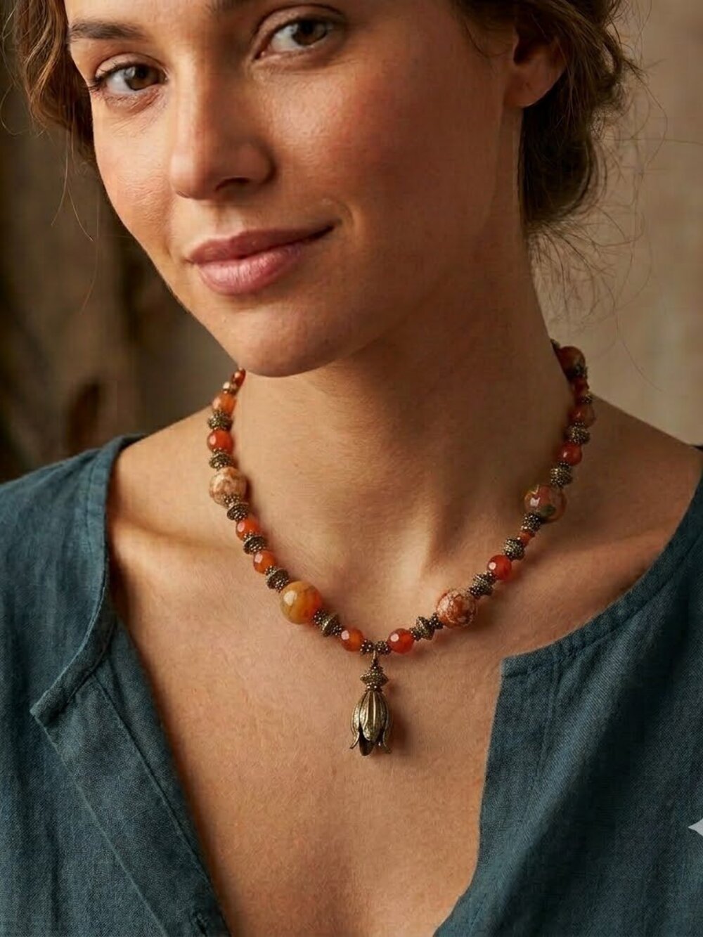 Handmade boho necklace beaded rust brown and bronze collar charm pendant